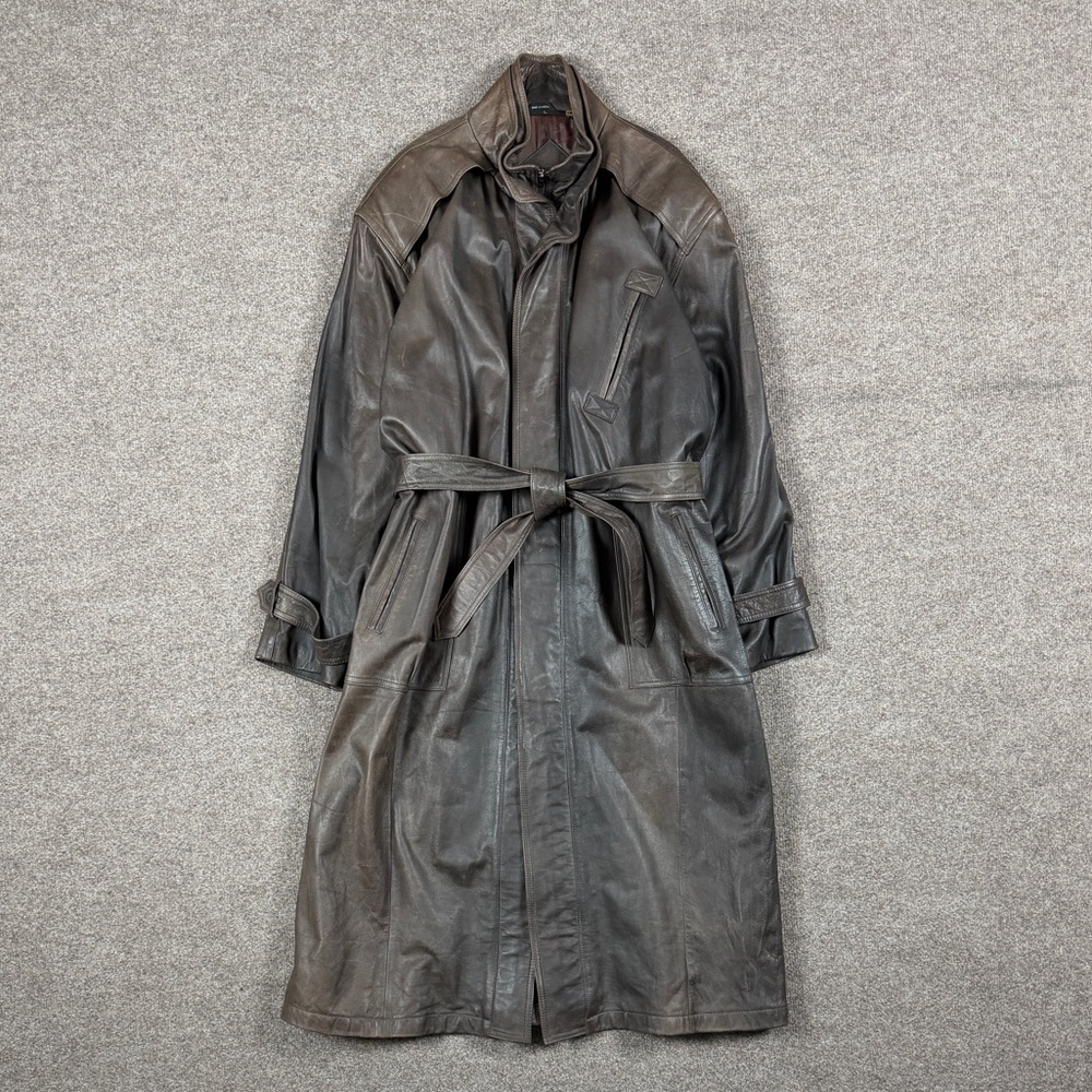 VTG J Walden Brown Long Genuine Leather Belted Trench Coat Men’s L Retro Jacket